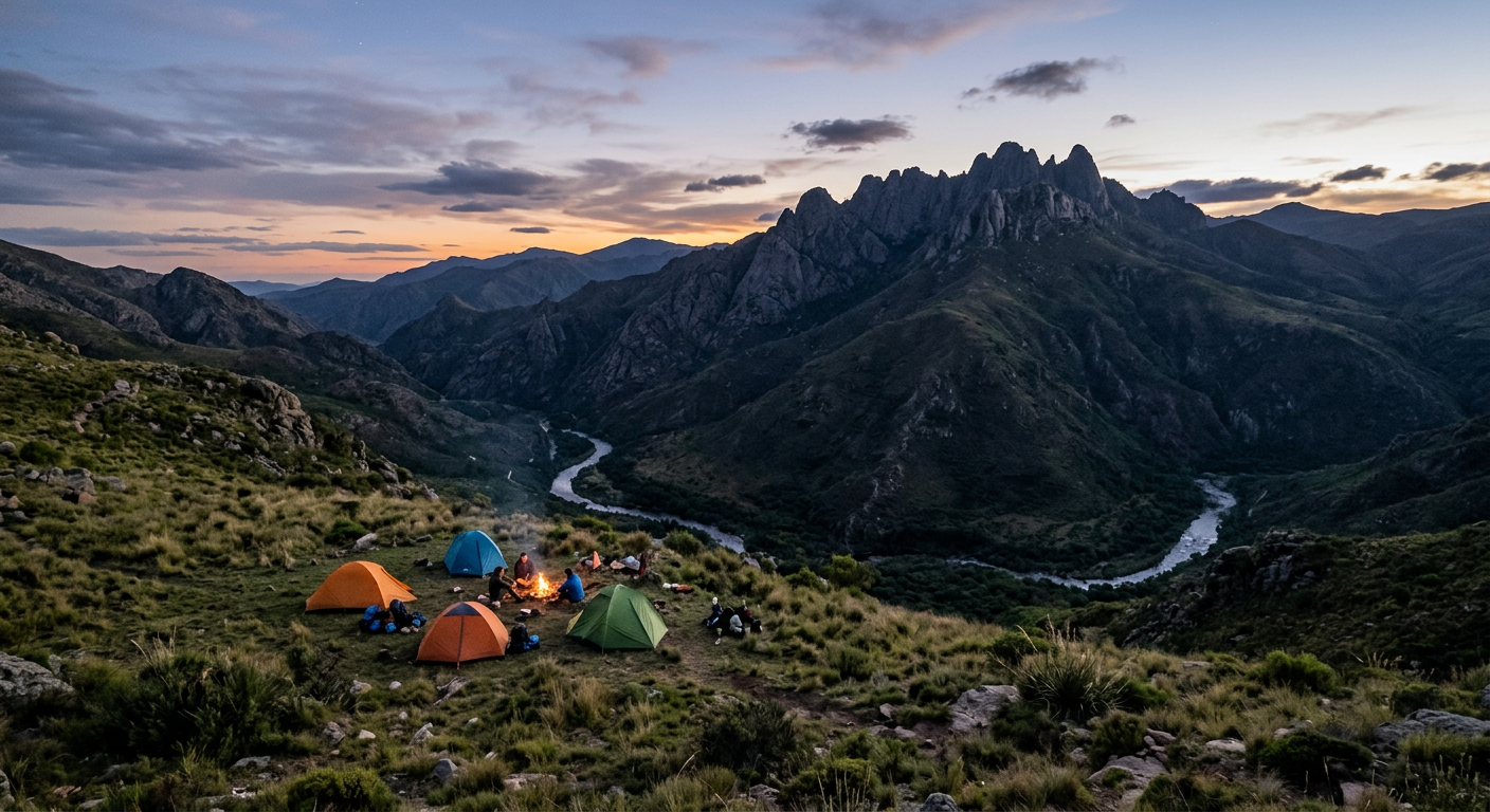 Cumbre rocosa del Cerro Áspero con una carpa al atardecer