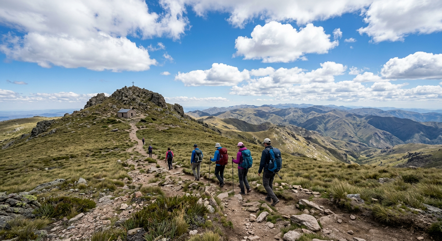 Cumbre del Cerro Champaquí con senderistas sobre pastizales de altura