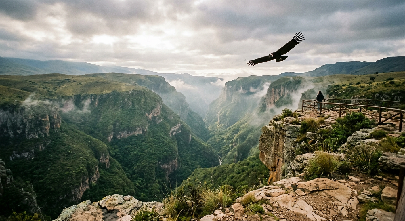 Un cóndor andino sobrevolando la Quebrada del Condorito