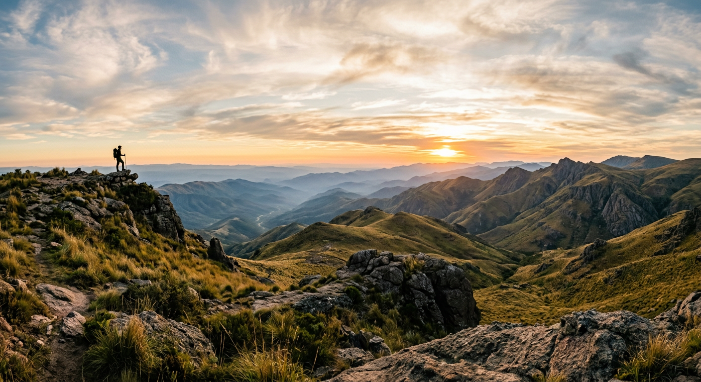 Senderista sobre una loma de las Sierras de Córdoba al atardecer